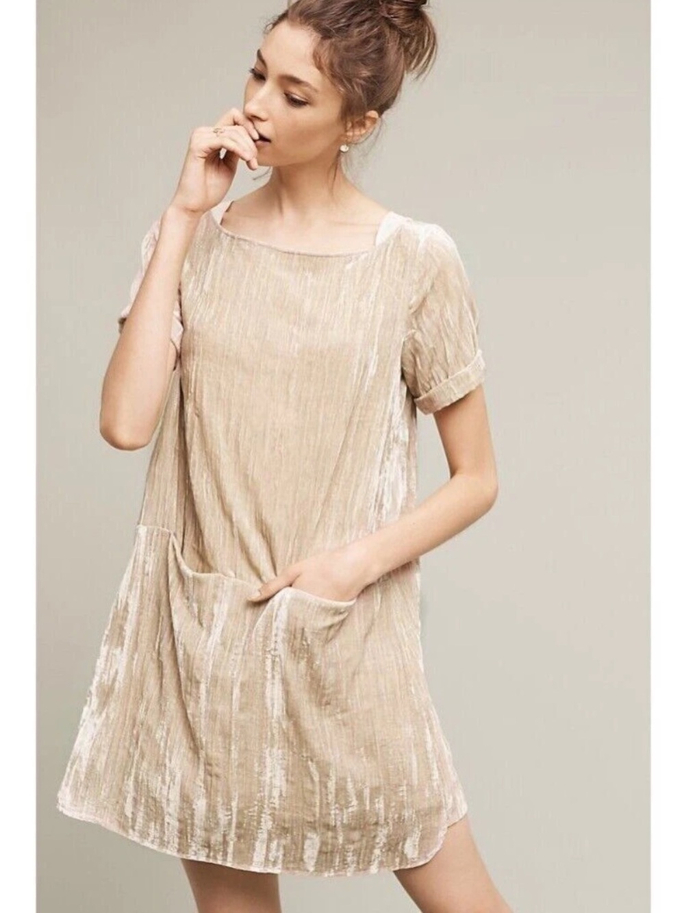 Anthropologie - Floreat - Women’s Crinkled Velvet Dress - Champagne - Size S